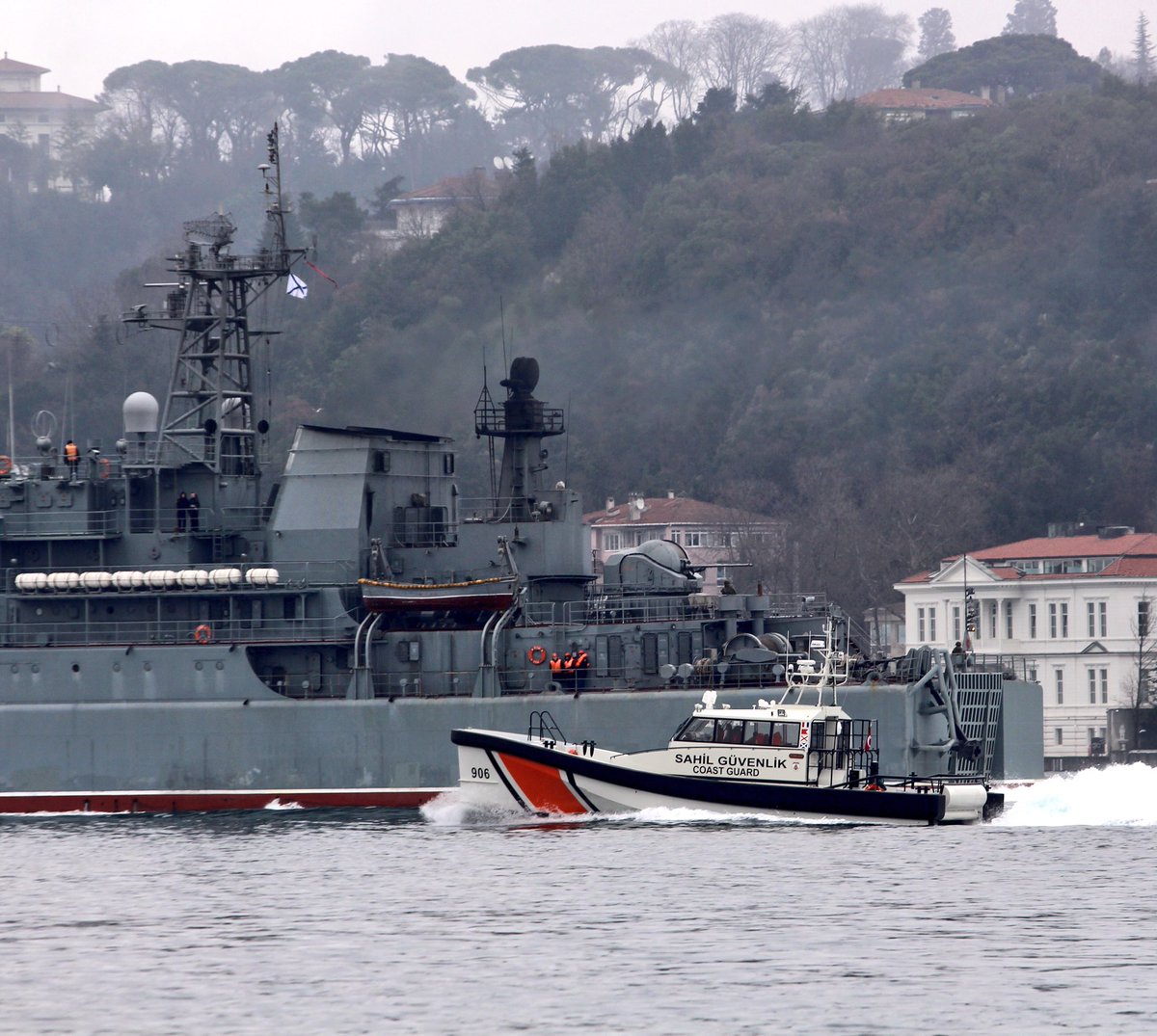 Turkish Coast Guard @Damen SAR1906 type vessel TCSG906 kept a close eye on Russian Navy Project 775II BSF Ropucha class LSTM Tsezar Kunikov during its BlackSea-bound Bosphorus transit   