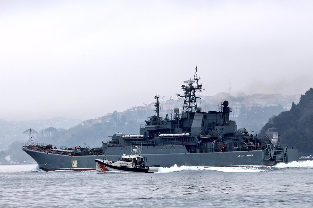 Turkish Coast Guard @Damen SAR1906 type vessel TCSG906 kept a close eye on Russian Navy Project 775II BSF Ropucha class LSTM Tsezar Kunikov during its BlackSea-bound Bosphorus transit   