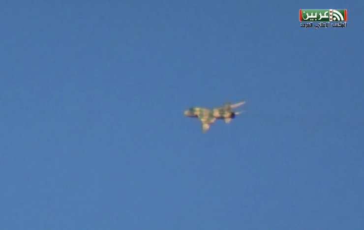 East Ghouta: SyAF Su-22 dropping its load of unguided bombs over a town.    