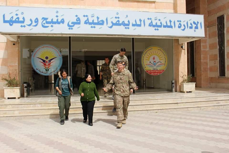 A high-ranking US military and diplomatic delegation are touring the city of Manbij to reassure the people and confirm protecting them from Turkish attacks. Afrin   
