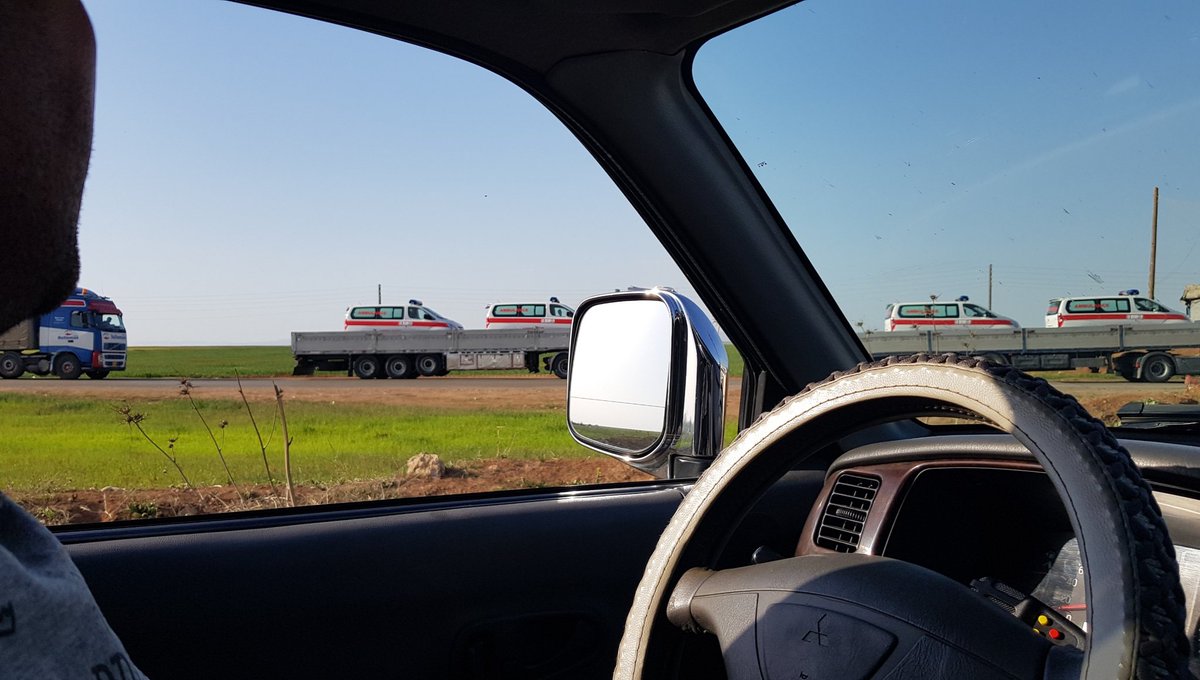 Americans still bringing more equipment into Syria. This afternoon, north of Hasakah, Syria, we came across a large coalition convoy of trucks transporting vehicles, ambulances, concrete barriers etc.   