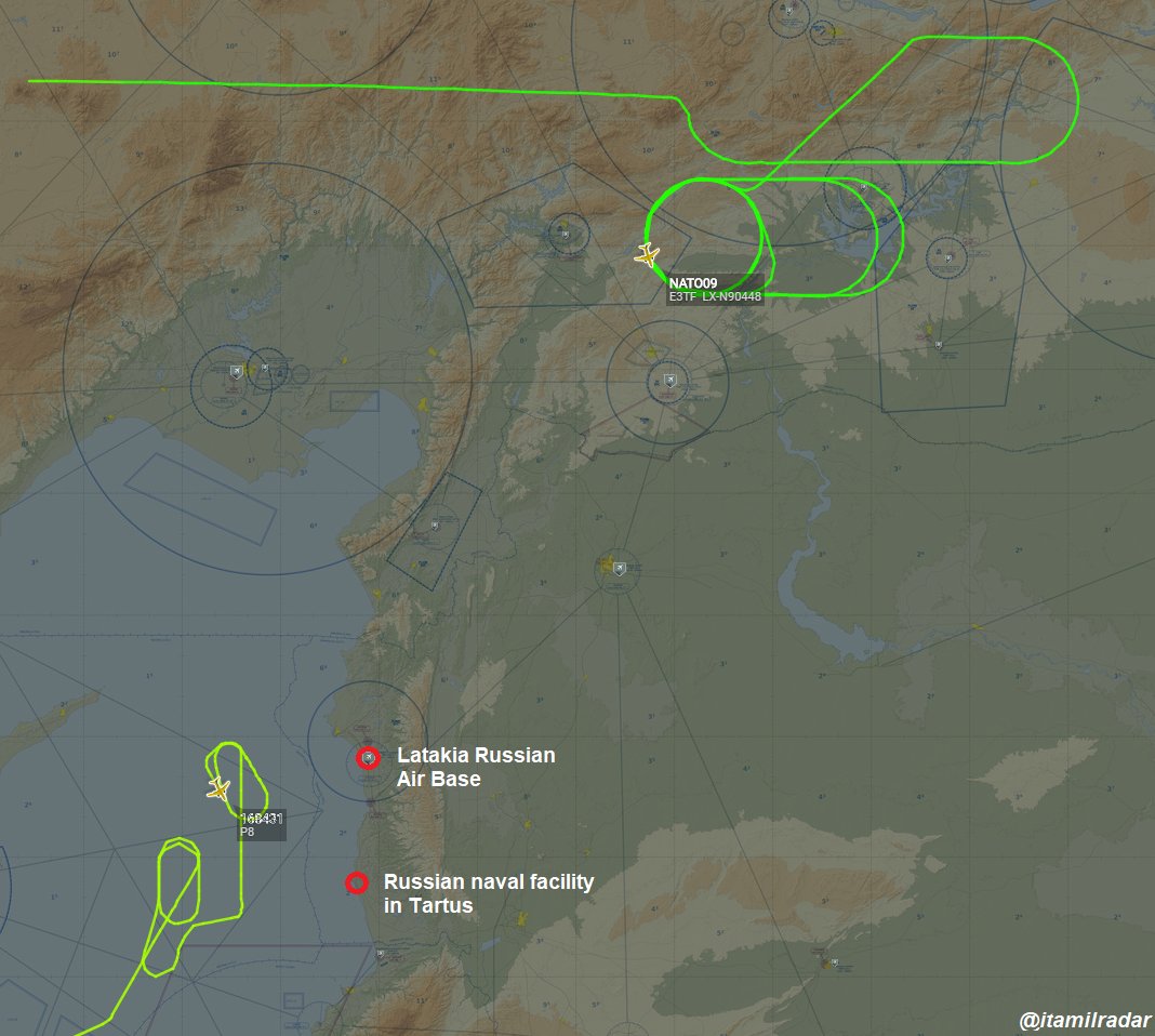 Double surveillance mission near Syria today: a USNavy Boeing P-8A (168431) departed from NAS Sigonella is patrolling off Latakia and a NATO Boeing E-3 (LX-N90448) is flying near Turkish / Syrian border 