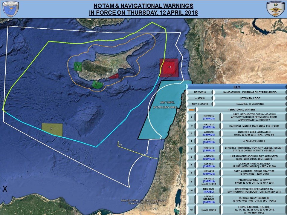 NOTAM and navigation warnings in force around Cyprus for Thu 12th April. 'RUSSIAN NAVY EXERCISE' off the Syria coast - Surface to 66,000ft.   