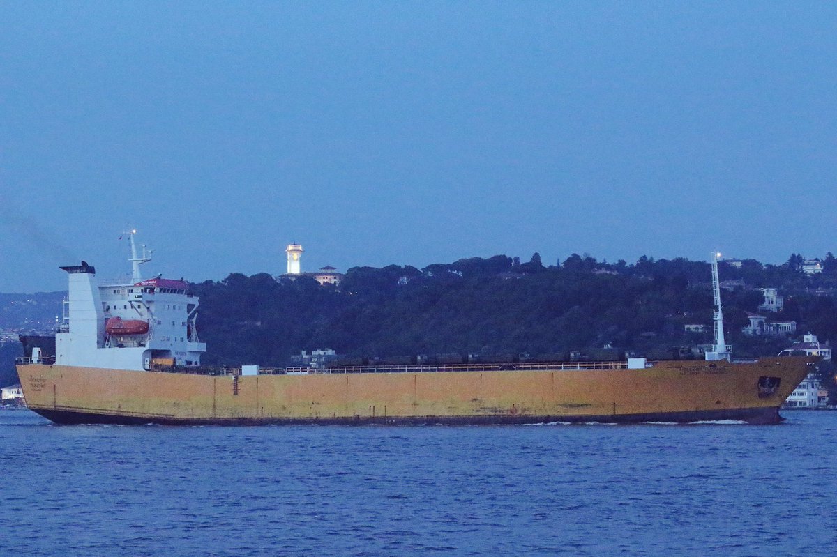 Supply and reinforcement for Russia's Syria campaign continues: Russian Government chartered, Russia flag RoRo Alexandr Tkachenko transits Mediterranean-bound Bosphorus at dusk en route to Tartus Syria carrying Ural 4320 trucks above the deck.   