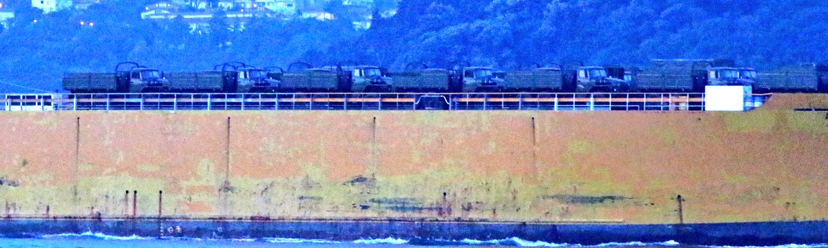 Supply and reinforcement for Russia's Syria campaign continues: Russian Government chartered, Russia flag RoRo Alexandr Tkachenko transits Mediterranean-bound Bosphorus at dusk en route to Tartus Syria carrying Ural 4320 trucks above the deck.   