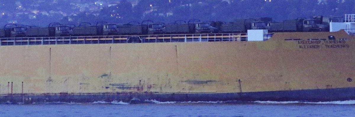 Supply and reinforcement for Russia's Syria campaign continues: Russian Government chartered, Russia flag RoRo Alexandr Tkachenko transits Mediterranean-bound Bosphorus at dusk en route to Tartus Syria carrying Ural 4320 trucks above the deck.   