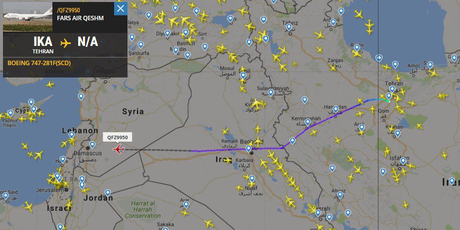 A suspicious civilian cargo flight, QFZ9950 Qeshm Fars Air Boeing 747, took off today from Tehran to Damascus