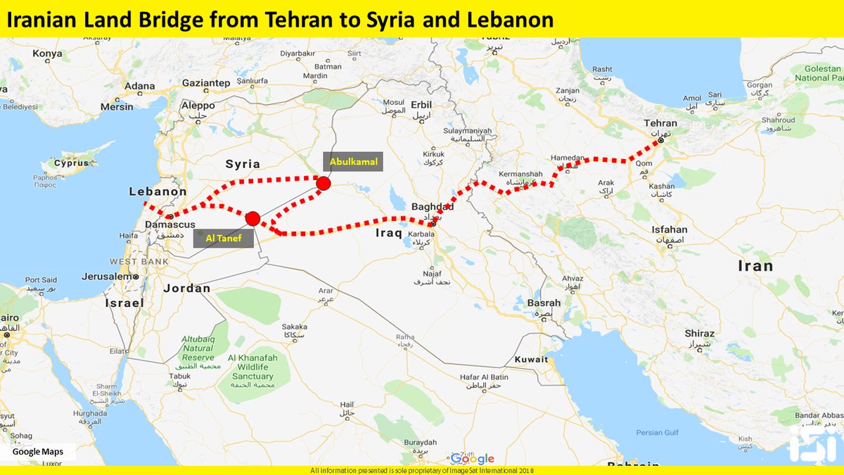 New Iranian land bridge allows Iran to keep and enforce its presence in Syria. Iran maintains a controlled path from Tehran, through Iraq, Al-Bukamal border crossing, to Assad in Syria and Hizballah in Lebanon.