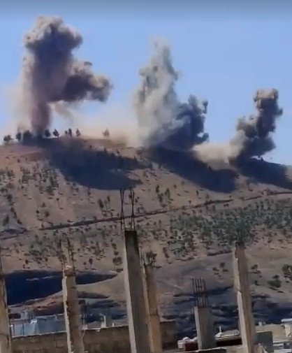 South Syria: Tell Harra is under intense bombardment. Artillery and SyAF choppers striking relentlessly the fortified hill. Last pic shows Tayhah. Daraa-Quneitra.    