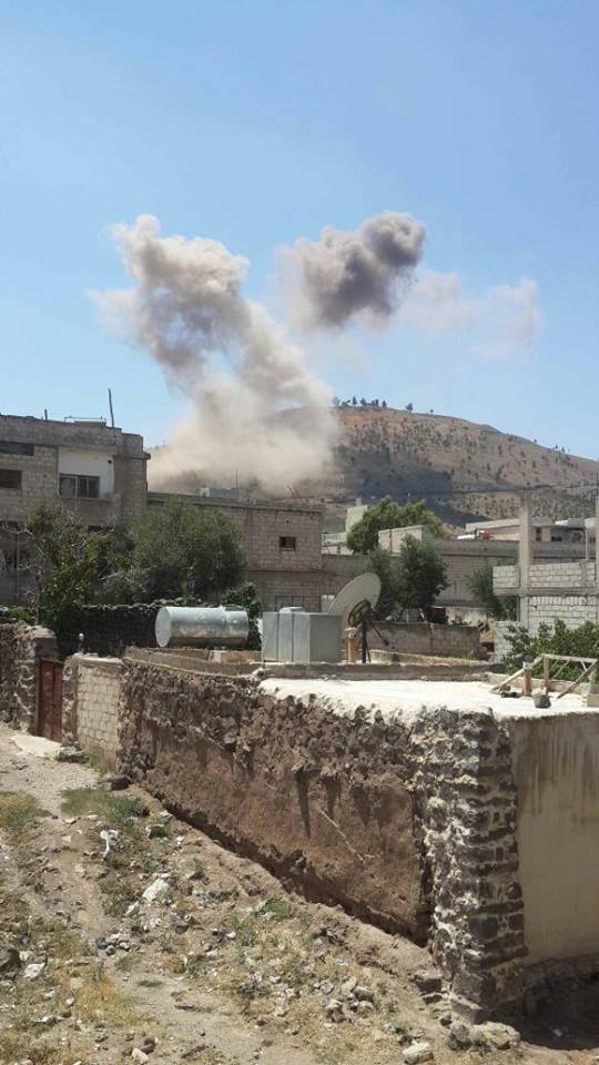 South Syria: Tell Harra is under intense bombardment. Artillery and SyAF choppers striking relentlessly the fortified hill. Last pic shows Tayhah. Daraa-Quneitra.    