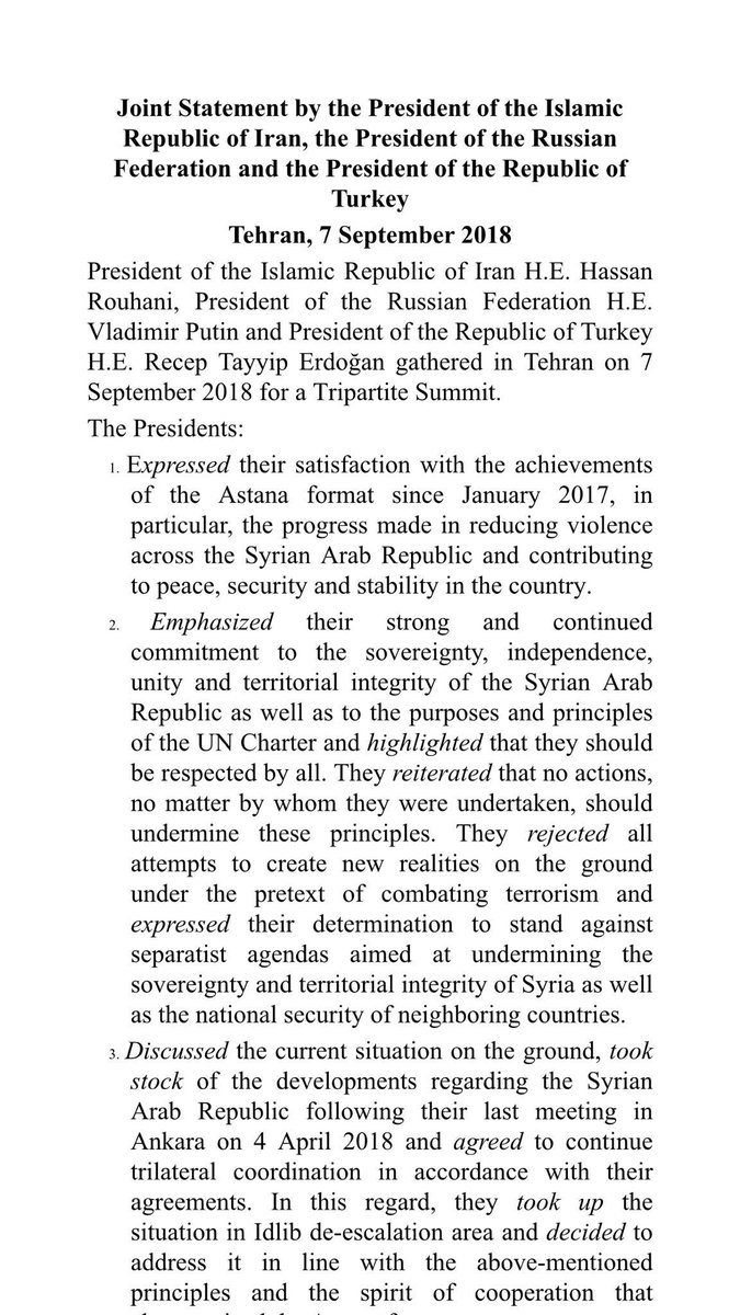 Turkey, Iran and Russia joint statement following Tehran summit. No mention of ceasefire in Idlib, there is also no mention of any tangible mechanism to prevent bloodshed in the area   