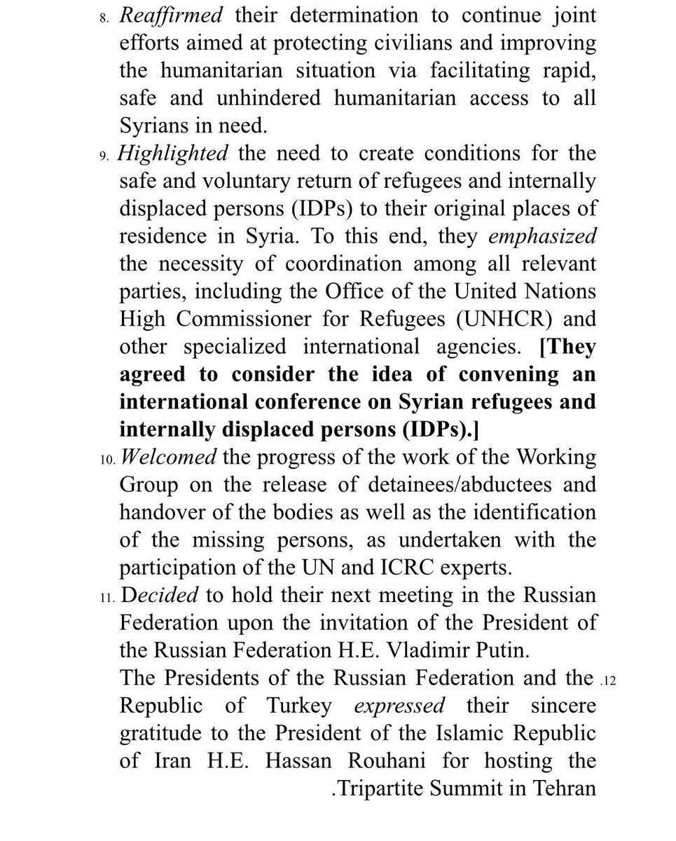 Turkey, Iran and Russia joint statement following Tehran summit. No mention of ceasefire in Idlib, there is also no mention of any tangible mechanism to prevent bloodshed in the area   