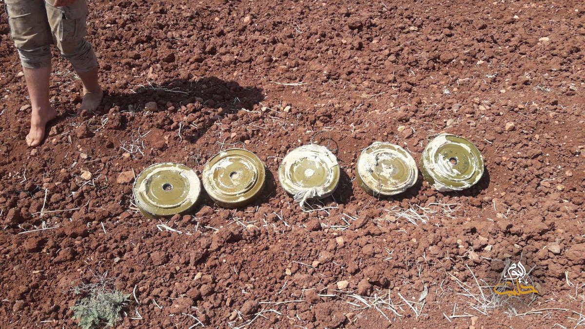 Syria: remains of a barrel bomb filled in with anti-tank mines dropped by a SyAF helicopter over Habit (S. Idlib CS).    