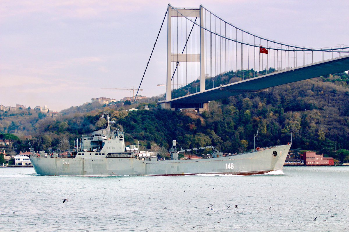 Russia's Syria campaign continues: Russian Navy Project 1171 Black Sea Fleet Tapir (NATO:Alligator) class LST Orsk 148 transits Bosphorus towards Mediterranean en route to Tartus for its 10th Syria campaign deployment in 2018. Currently the most deployed ship of the Black Sea Fleet   