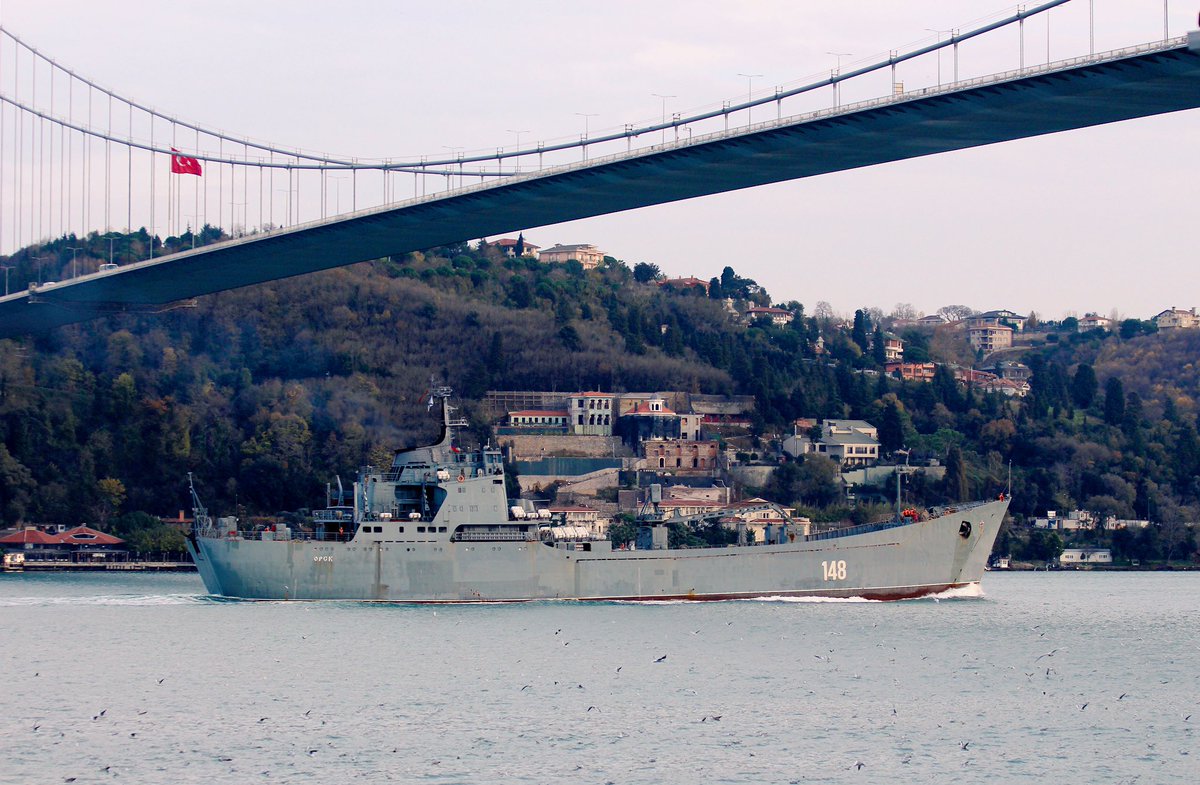 Russia's Syria campaign continues: Russian Navy Project 1171 Black Sea Fleet Tapir (NATO:Alligator) class LST Orsk 148 transits Bosphorus towards Mediterranean en route to Tartus for its 10th Syria campaign deployment in 2018. Currently the most deployed ship of the Black Sea Fleet   