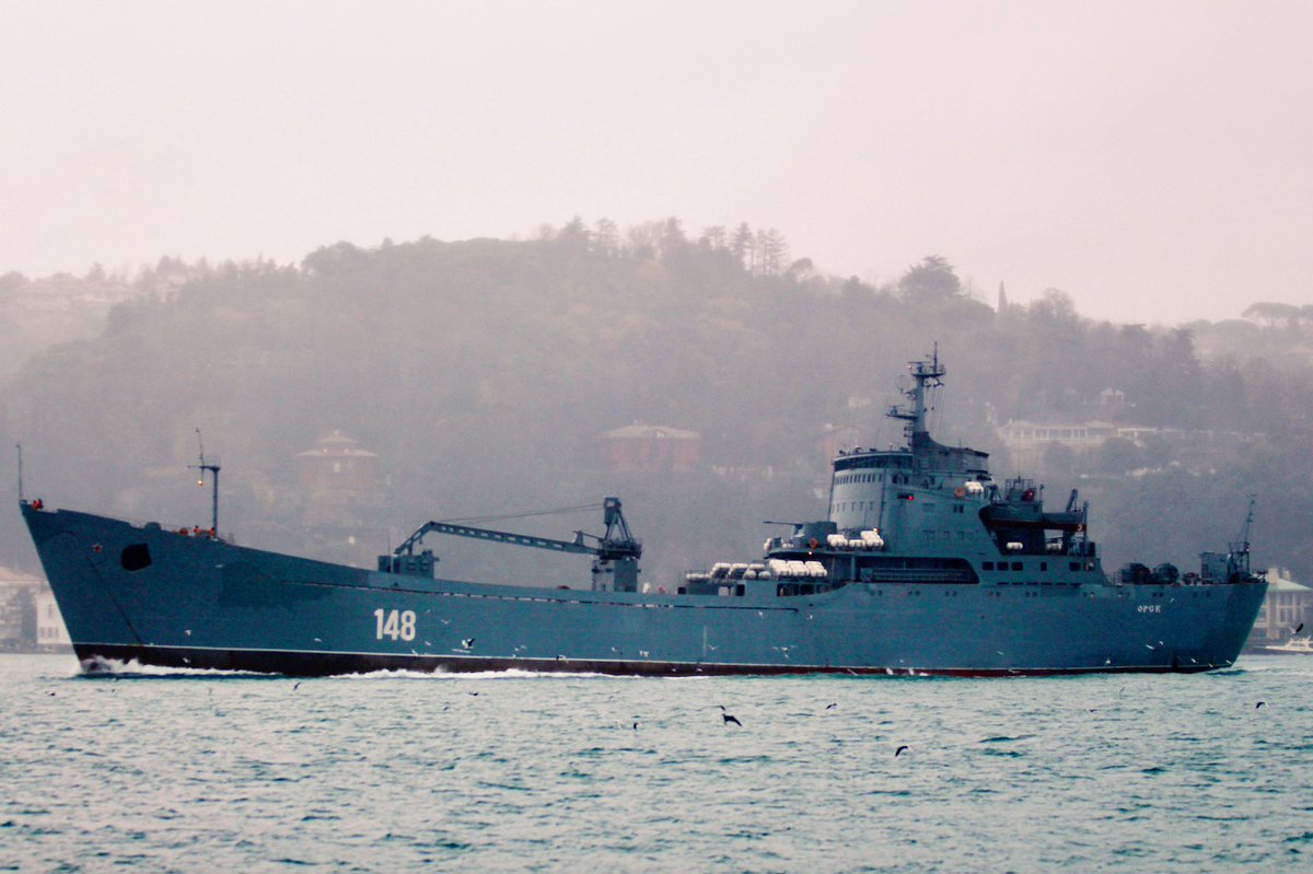 Russian Navy Project 1171 BSF Tapir (NATO: Alligator) class LST Orsk 148 returned from its tenth deployment to Syria in 2018 and transited Bosphorus towards Black Sea 07:30Z. Currently the most deployed ship of the Black Sea Fleet   