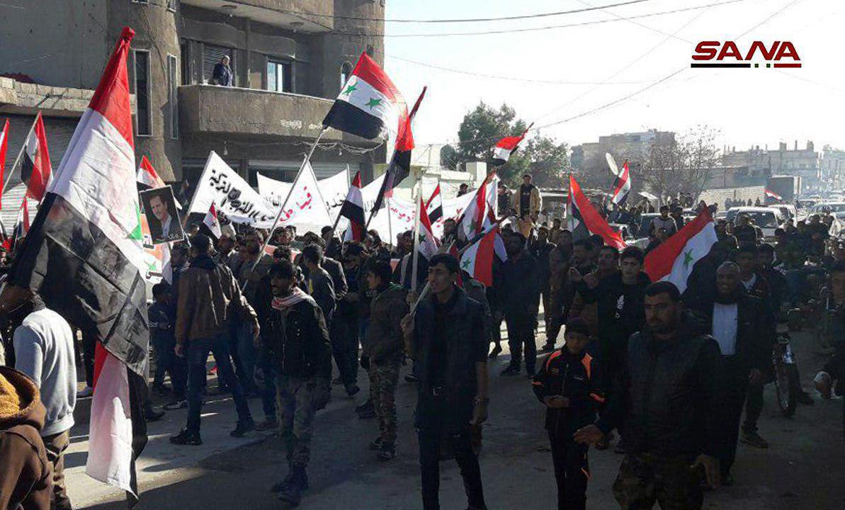 Hasaka protesters on the streets with Syrian flags. Syria   