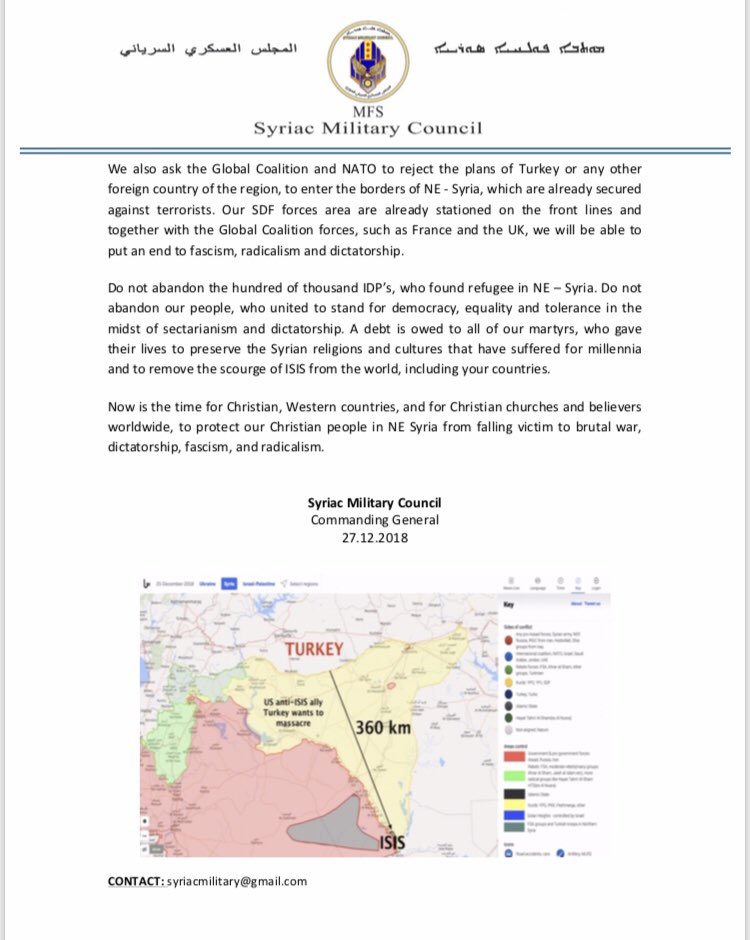 Syriac Military Council: Syriac Christians on NE - Syria are at risk of extinction.  Now is the time for Christian, Western countries, and for Christian churches and believers worldwide, to protect Christian people in NE Syria from falling victim to brutal war. 