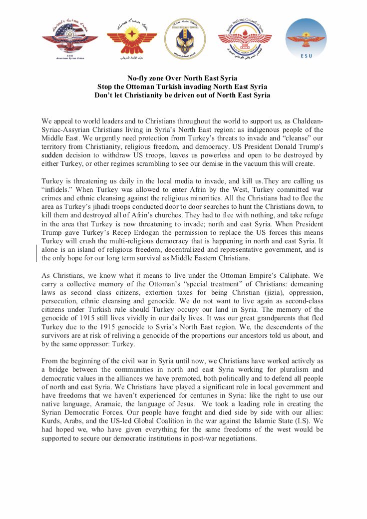 Joint statement of Syriac organisations in Europe, Syria and US demanding No-fly Zone Over North-East Syria against Turkey threats. 