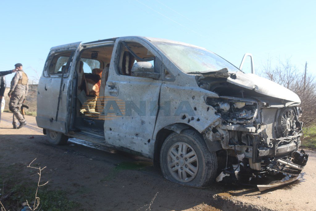 Photo of damaged van, that was hit by roadside bomb explosion near Manbij, leaving a driver dead and 5 more wounded