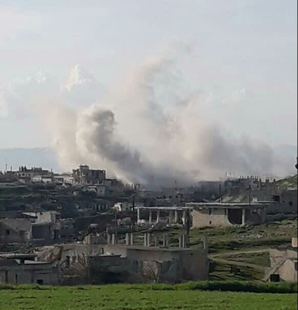 Russian helicopter gunships are carrying out operations on the town of Latamna in northern Hama.