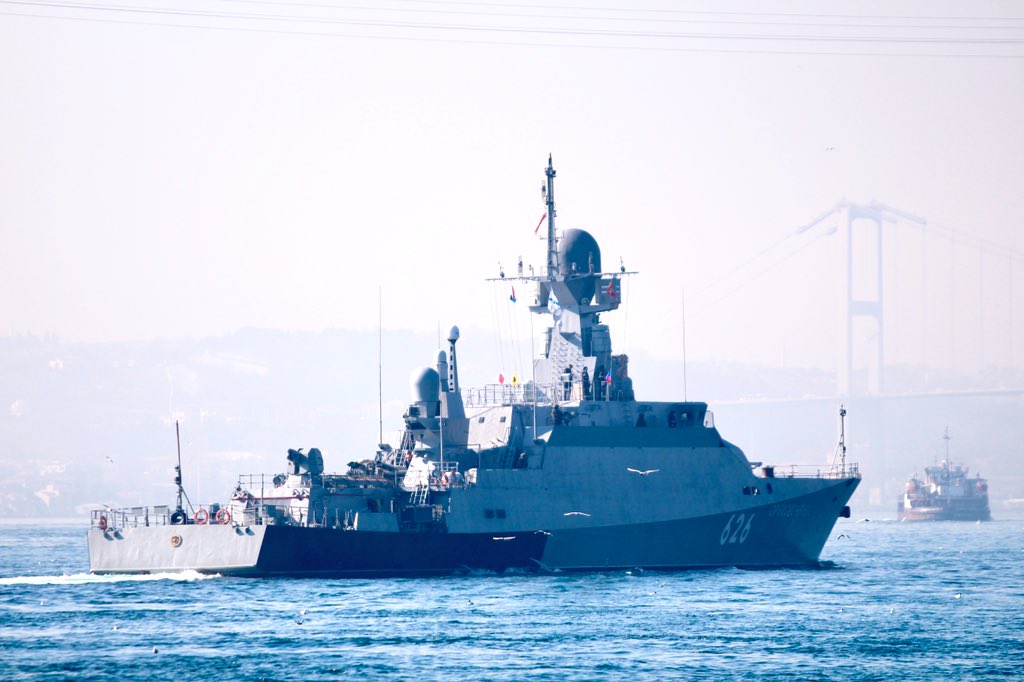 Zelenodolsk AM Gorky built, Russian Navy Project 21631 Black Sea Fleet 41st Brigade of Missile Boats' Buyan M class corvette Orehovo-Zyevo 626, armed with SS-N-30 / Kalibr 3M-14 land attack missiles, transited Bosphorus towards Med, likely en route to Tartus Syria.   