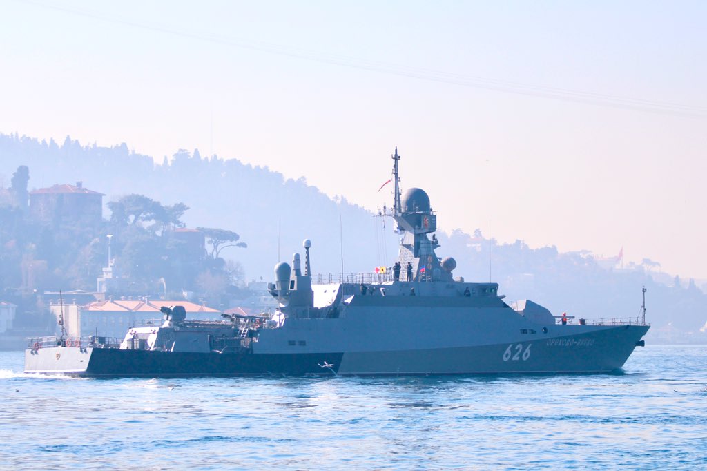 Zelenodolsk AM Gorky built, Russian Navy Project 21631 Black Sea Fleet 41st Brigade of Missile Boats' Buyan M class corvette Orehovo-Zyevo 626, armed with SS-N-30 / Kalibr 3M-14 land attack missiles, transited Bosphorus towards Med, likely en route to Tartus Syria.   
