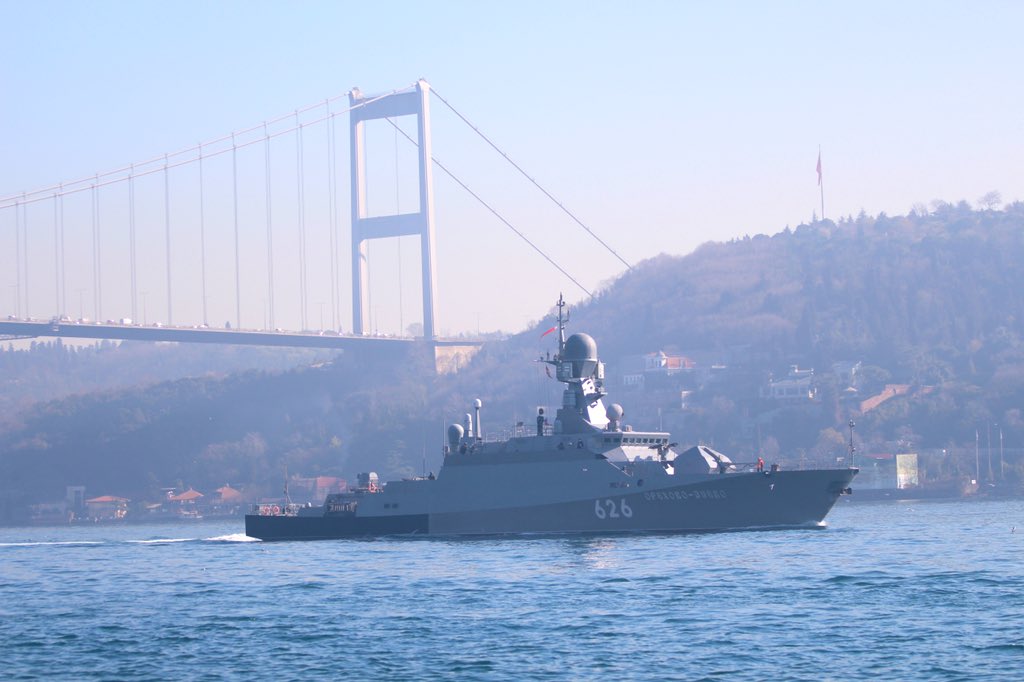 Zelenodolsk AM Gorky built, Russian Navy Project 21631 Black Sea Fleet 41st Brigade of Missile Boats' Buyan M class corvette Orehovo-Zyevo 626, armed with SS-N-30 / Kalibr 3M-14 land attack missiles, transited Bosphorus towards Med, likely en route to Tartus Syria.   