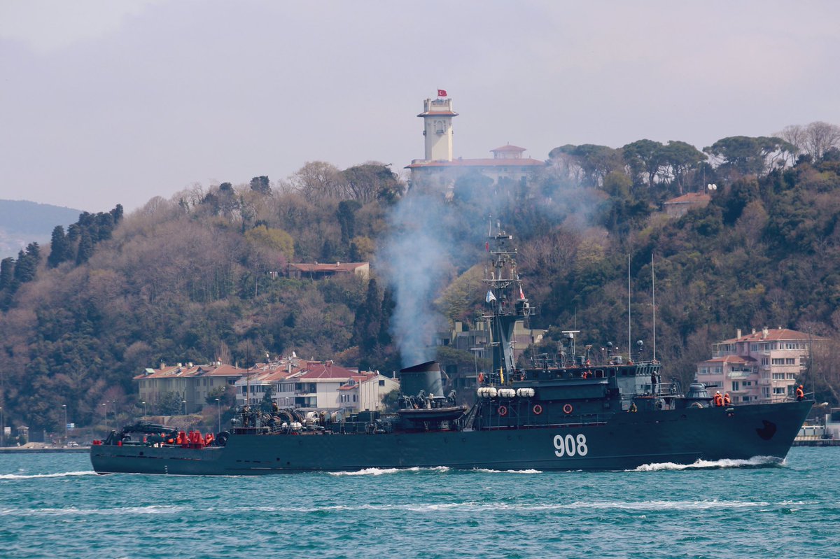 Russian Navy Project 266M, Natya class minesweeper BSF 184th Coastal Defense Ship Brigade Vitse-Admiral Zakharin 908 (x-611) transits Bosphorus for her second Mediterranean deployment after 311 days.   