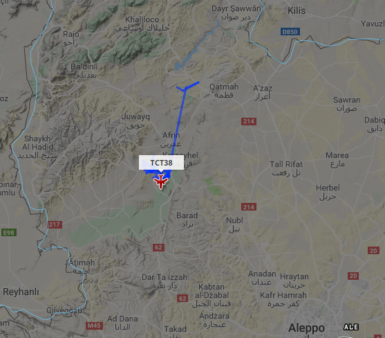 Turkish Military UAV or slow-flying ISR platform TCT38 working pattern over Afrin area of NW Syria at FL220, speed 45kts.