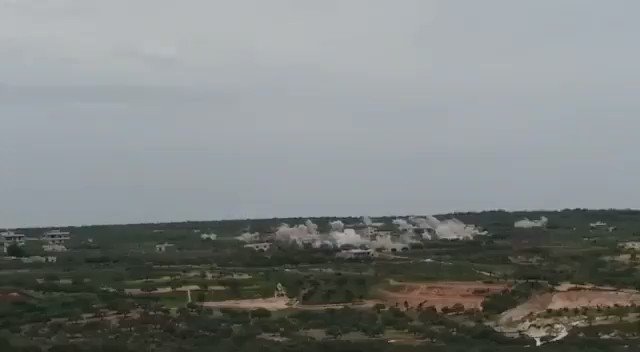 Moment of the explosion of cluster bombs on the outskirts of the city of Kafr Nabl in the southern countryside of Idlib