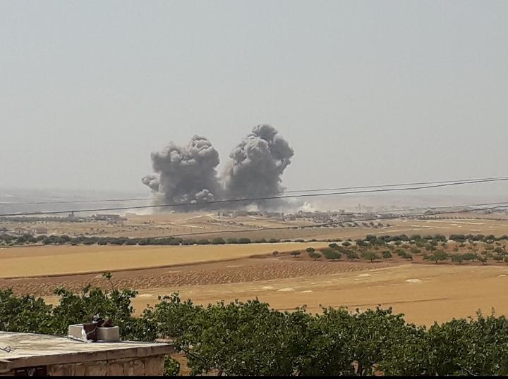 Russian warplanes targeting the village of Babulin in the southern countryside of Idlib, with air raids.