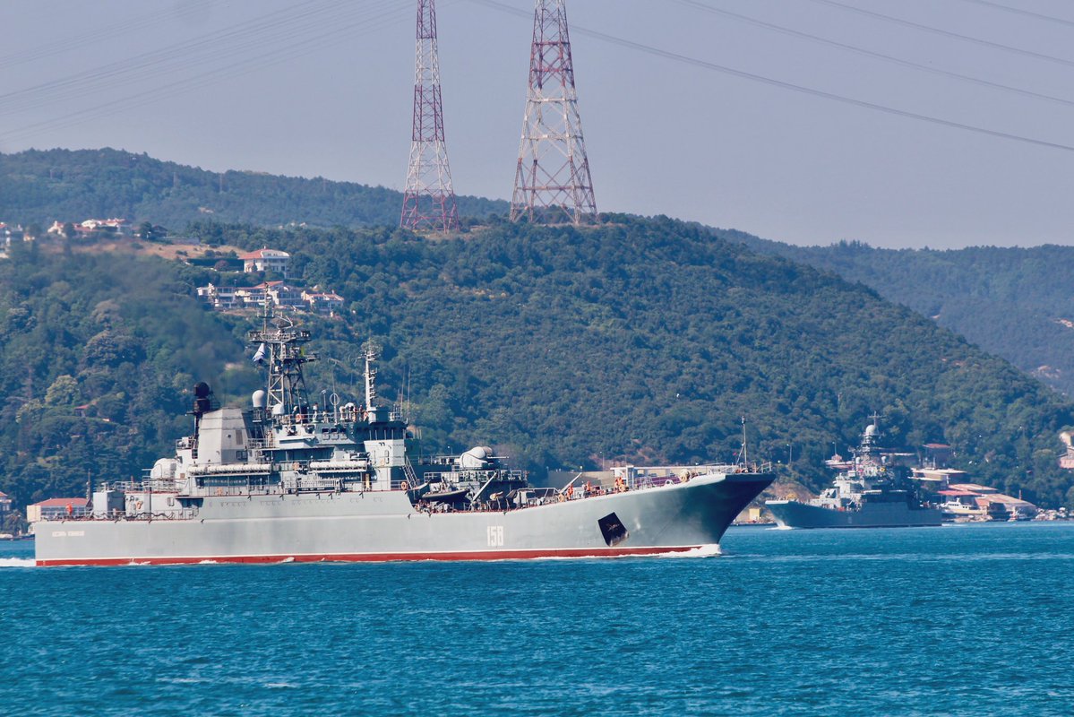 Heavily laden Russian Navy Project 775 BSF Ropucha class LSTMs (tank carrying landing ships) Tsezar Kunikov and Azov transit Bosphorus towards Mediterranean en route to Tartus