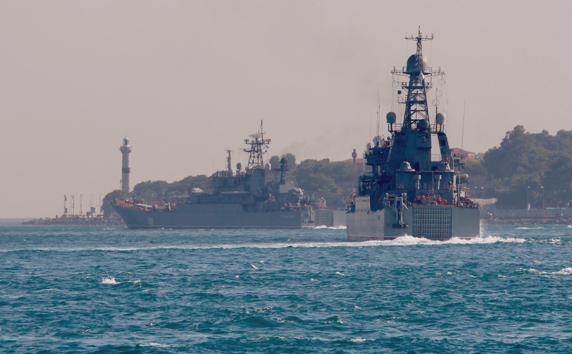 Heavily laden Russian Navy Project 775 BSF Ropucha class LSTMs (tank carrying landing ships) Tsezar Kunikov and Azov transit Bosphorus towards Mediterranean en route to Tartus