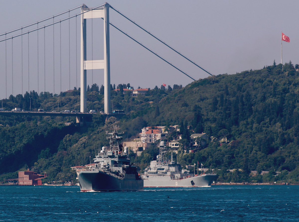 Heavily laden Russian Navy Project 775 BSF Ropucha class LSTMs (tank carrying landing ships) Tsezar Kunikov and Azov transit Bosphorus towards Mediterranean en route to Tartus