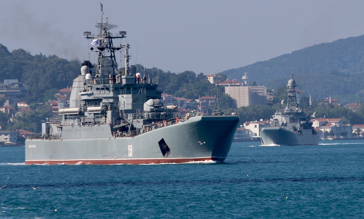 Heavily laden Russian Navy Project 775 BSF Ropucha class LSTMs (tank carrying landing ships) Tsezar Kunikov and Azov transit Bosphorus towards Mediterranean en route to Tartus