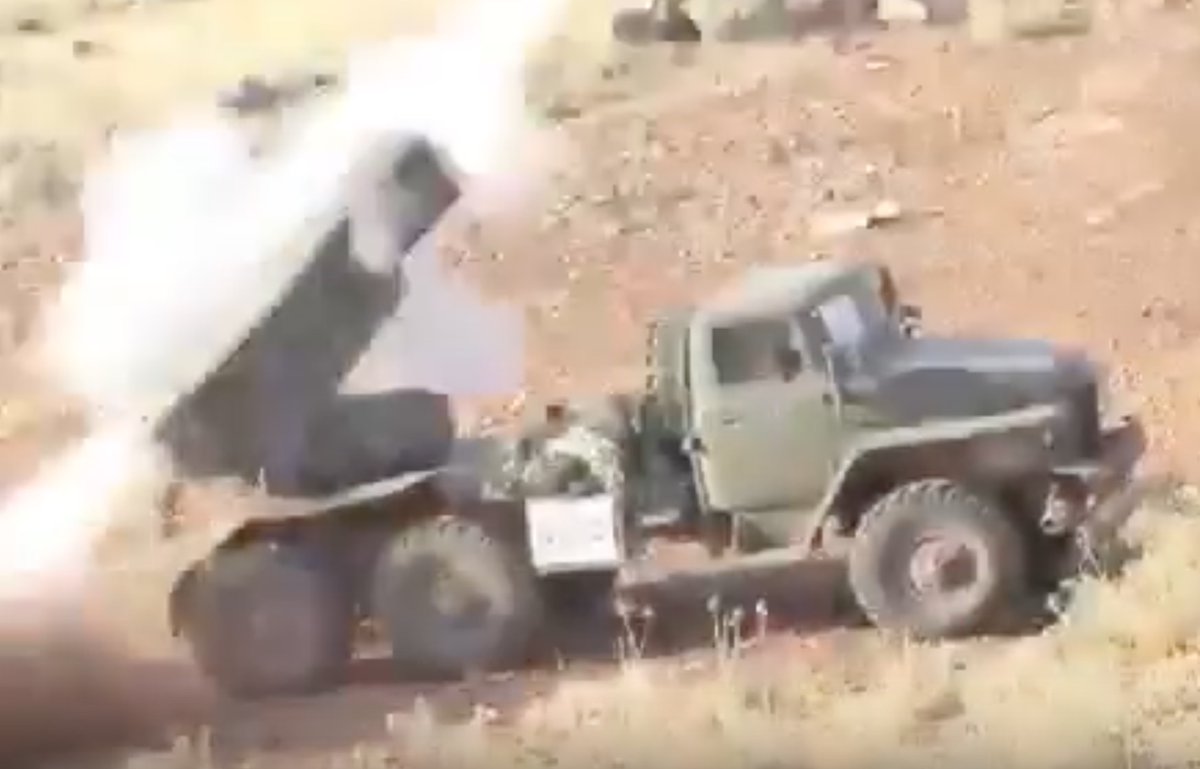 Syrian rebel BM-21 system fires Grad missiles at pro-Assad forces base in Latakia