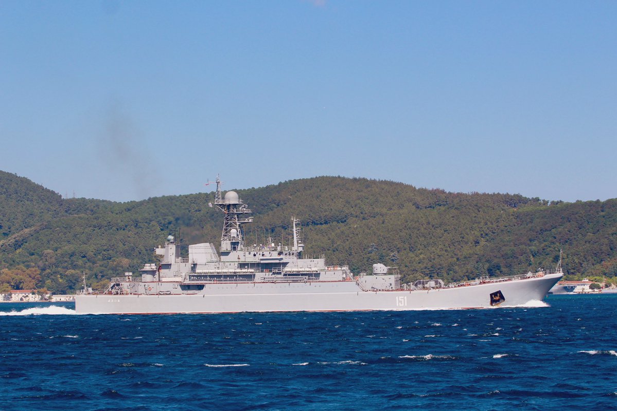 Russian Navy Project 775 BSF Black Sea Fleet 197th Landing Ship Brigade's Ropucha class landing ship Azov 151 transited Bosphorus heavily laden towards Mediterranean en route to Tartus Syria likely carrying tanks and/or APCs