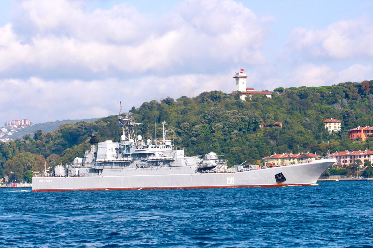 Heavily laden Russian Navy Project 775 Black Sea Fleet 197th Landing Ship Brigade's Ropucha class LSTM (tank carrying landing ship) Tsezar Kunikov 158 transits Bosphorus towards Mediterranean en route to Tartus Syria. 14:00GMT