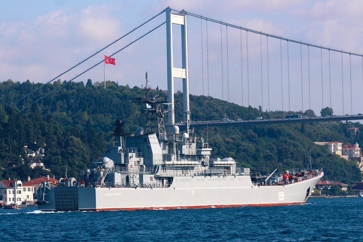 Heavily laden Russian Navy Project 775 Black Sea Fleet 197th Landing Ship Brigade's Ropucha class LSTM (tank carrying landing ship) Tsezar Kunikov 158 transits Bosphorus towards Mediterranean en route to Tartus Syria. 14:00GMT