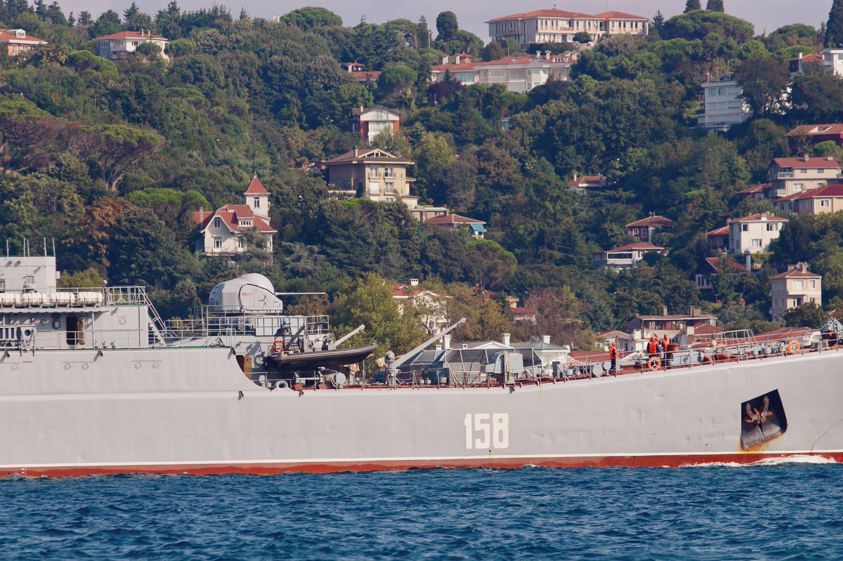 Heavily laden Russian Navy Project 775 Black Sea Fleet 197th Landing Ship Brigade's Ropucha class LSTM (tank carrying landing ship) Tsezar Kunikov 158 transits Bosphorus towards Mediterranean en route to Tartus Syria. 14:00GMT