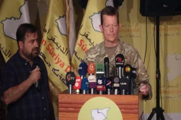 US General Nicholas Pont during a speech with SDF commander-in-chief mazlum abdi: There will be no intervention by Turkish forces in northern and eastern Syria, and added We will continue to support and train SDF forces