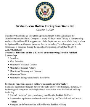 Bipartisan agreement to impose severe sanctions against Turkey for their invasion of Syria, by Congress