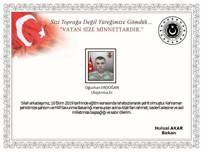 Turkish Ministry of Defense released the name and images of three Turkish soldiers killed in operation in Northern Syria