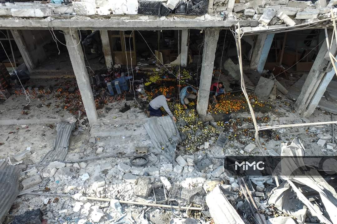 Aerial photos show the devastation caused by the bombing on the market of Al-Hal in the city of Maaret al-Nu'man in the southern countryside of Idlib