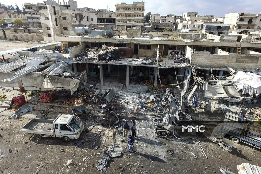 Aerial photos show the devastation caused by the bombing on the market of Al-Hal in the city of Maaret al-Nu'man in the southern countryside of Idlib