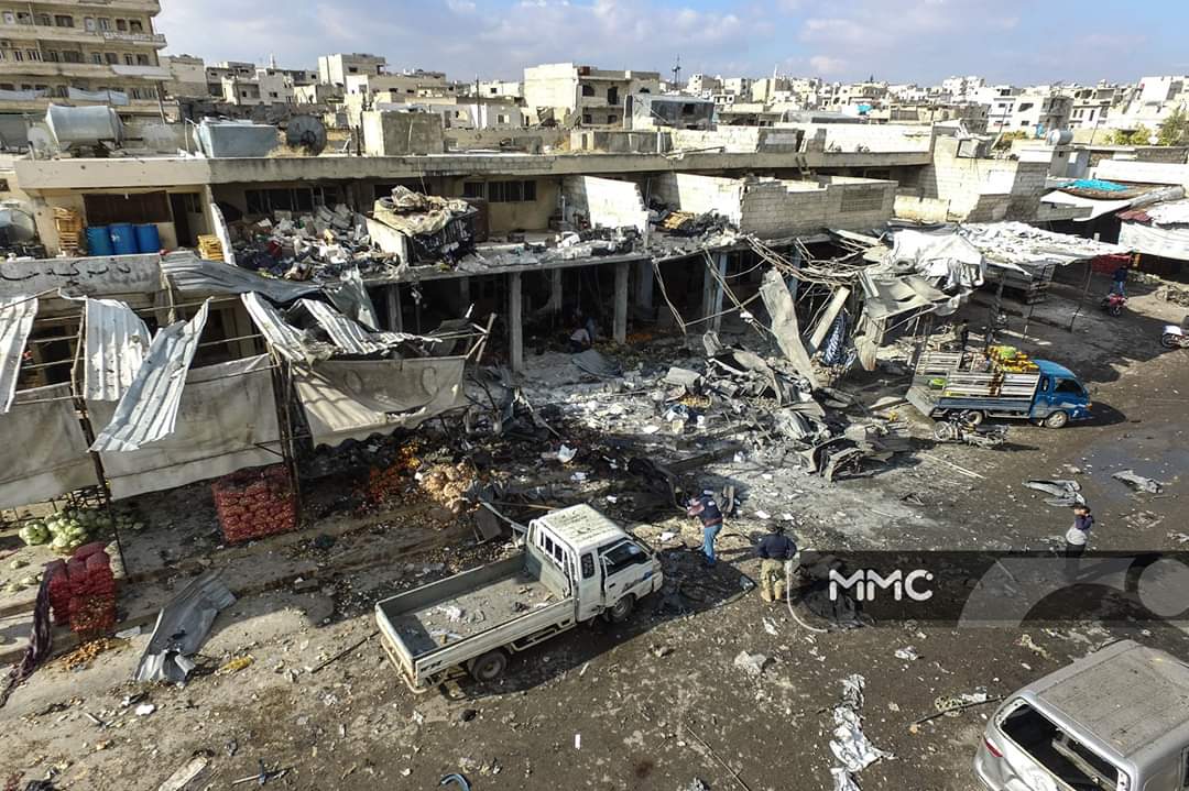 Aerial photos show the devastation caused by the bombing on the market of Al-Hal in the city of Maaret al-Nu'man in the southern countryside of Idlib