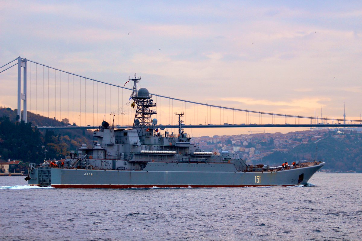 Russian Navy Project 775 BSF Black Sea Fleet 197th Landing Ship Brigade's Ropucha class landing ship Azov 151 transited Bosphorus carrying tanks & APCs en route to Tartus Syria. 14:00Z