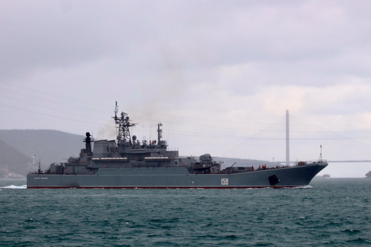 Heavily laden Russian Navy Project 775 RussianNavy Black Sea Fleet 197th Landing Ship Brigade's Ropucha class LSTM (tank carrying landing ship) Tsezar Kunikov 158 transits Bosphorus towards Mediterranean en route to Tartus Syria. 12:30Z