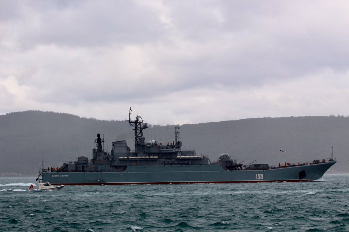 Heavily laden Russian Navy Project 775 RussianNavy Black Sea Fleet 197th Landing Ship Brigade's Ropucha class LSTM (tank carrying landing ship) Tsezar Kunikov 158 transits Bosphorus towards Mediterranean en route to Tartus Syria. 12:30Z